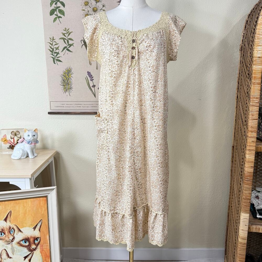 Vintage Floral Crochet Trim Dress Cottage Forest Prairie Coastal Cowgirl Fairy S